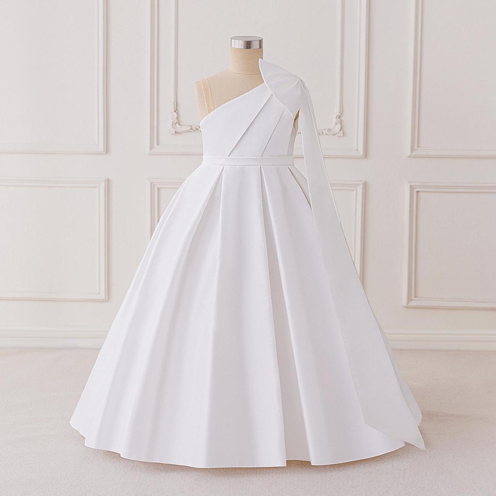 Big Kid One-Shoulder Satin Princess Dress with Bow - Formal Wedding & Runway Costume