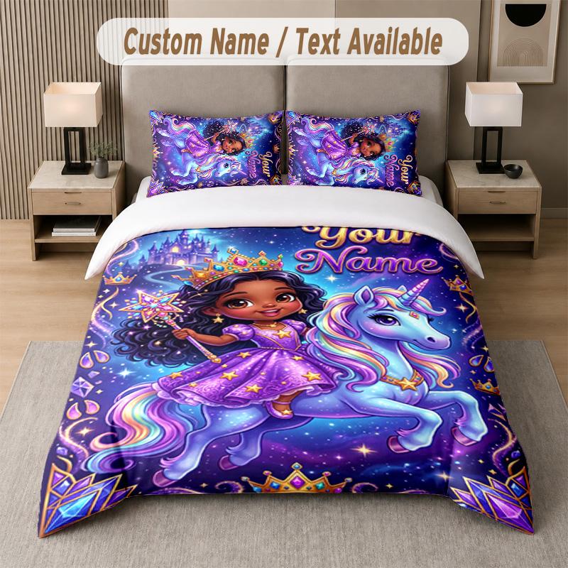 Unicorn Theme Custom Text Or Name 3Pcs Bedding Set 1 Flat Sheet & 2 Pillowcases Personalized Home Bedding
