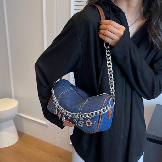 IELGY Denim Canvas Underarm Bag French Chain Shoulder All-Match High-End Niche Dumpling Bag