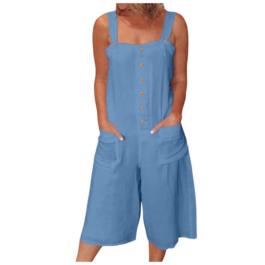 Lässiger, ärmelloser Capri-Jumpsuit mit weitem Bein und lockerem Knopf für Damen und Taschen