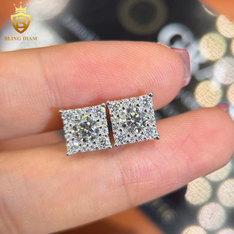 Hot Saling Moissanite Jewelry HipHop Square Earrings Iced Out Moissanite 925 Silver Stud Earrings Unisex Past Diamond Test GRA