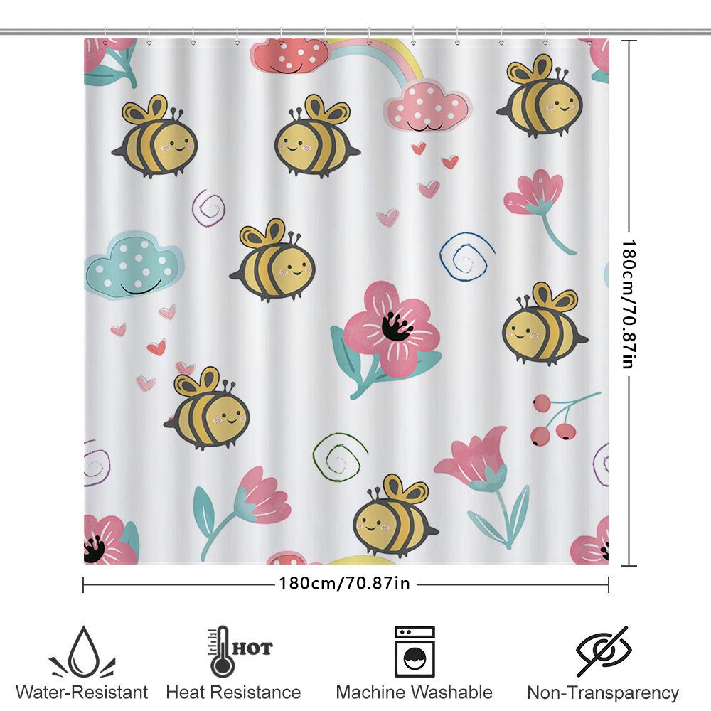 Cute Bee Pattern Shower Curtain Waterproof Bathroom Decor For Home Living Room Decoration Wall Hanging Accessories Pink Red Blue
