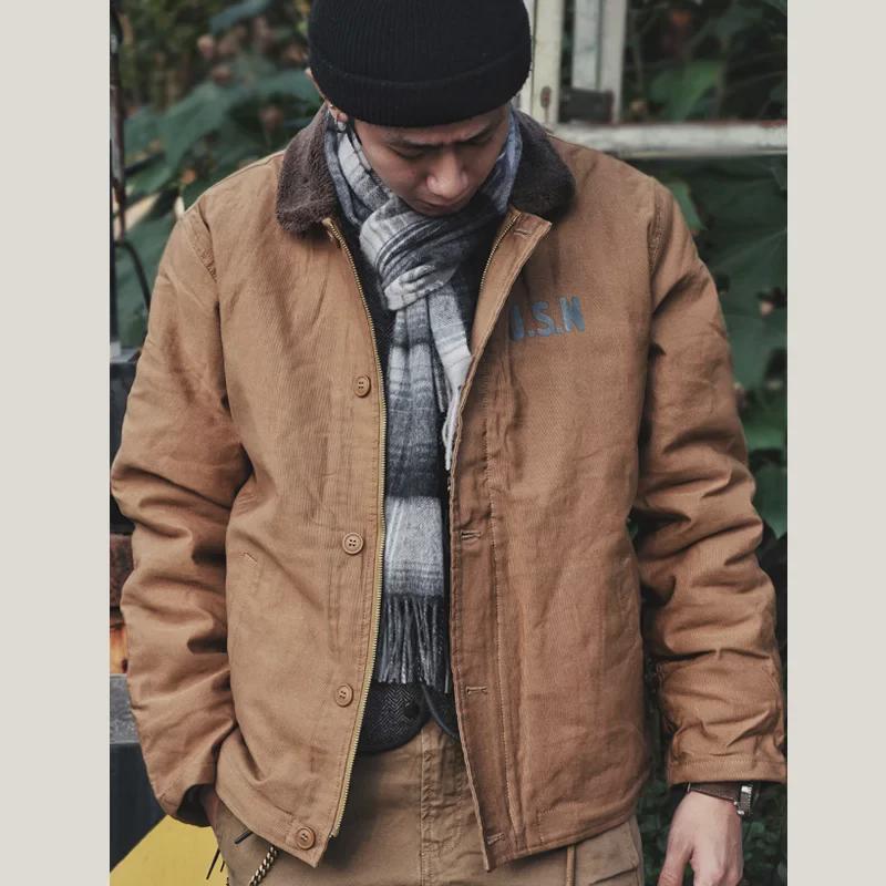 Amei Khaki N1 Deck Suit Men's Retro Lambskin Cotton Coat with Velvet Lining