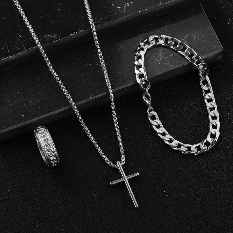 3pcs/set Punk Black Cross Pendant Necklace Thick Chain Bracelet Ring Fashion Zircon Sets Men for Autumn
