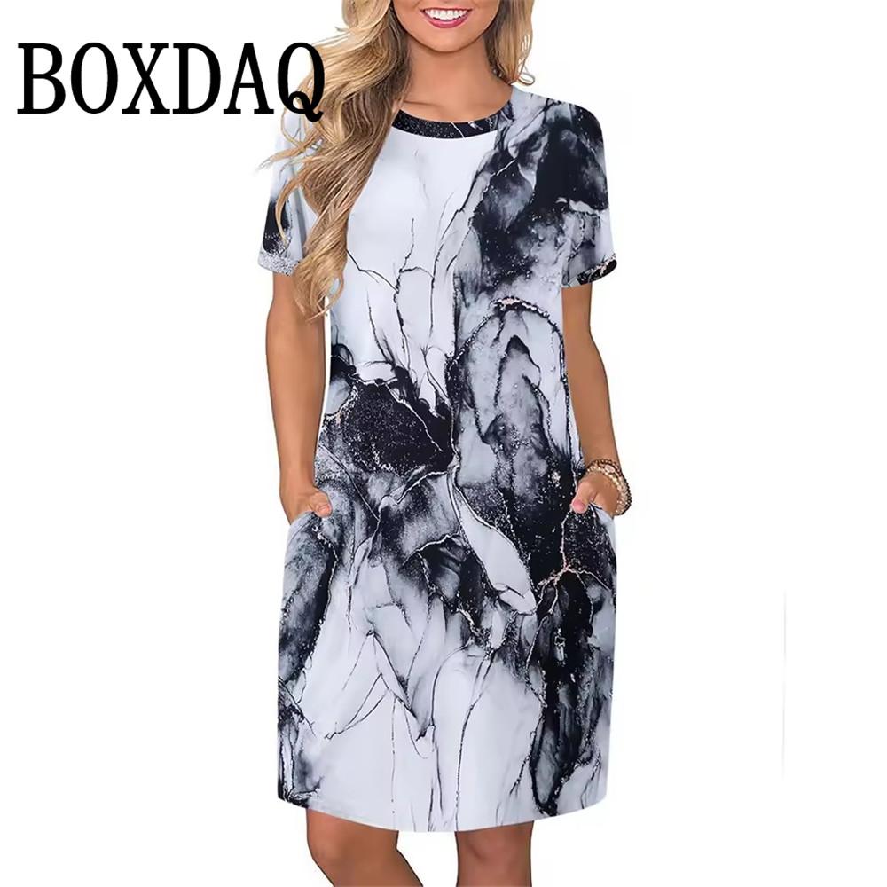 New Womens Dresses Fashion 3D Dot Print Short Sleeve Loose Clothes Summer Casual O-Neck Plus Size Mini Dresses