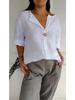 European Chic V-Neck Cotton Linen Mid-Sleeve Top for Plus Size Women - Spring/Summer