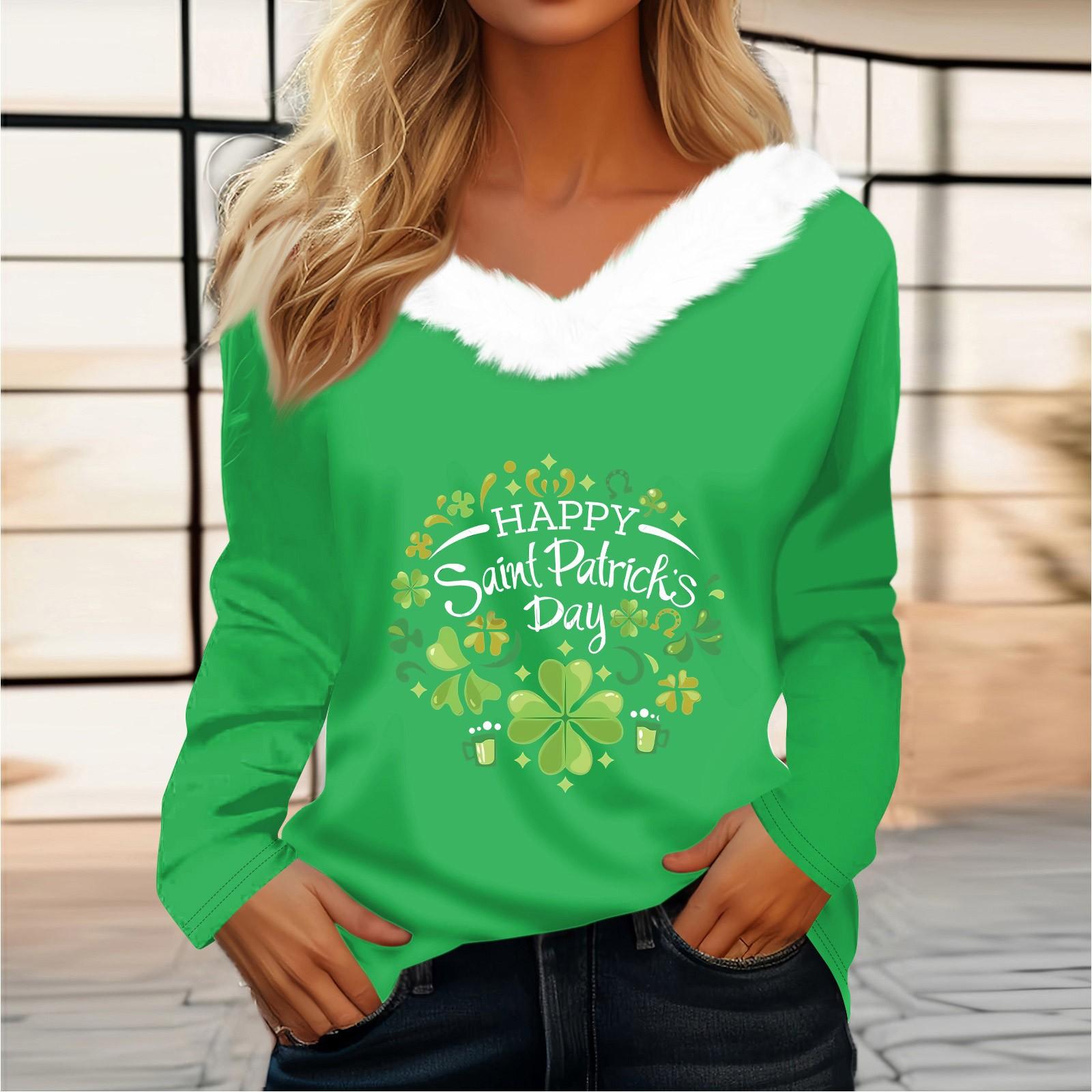 

Женская футболка St. Рубашка с принтом Патрика, длинный рукав, праздничная атмосфера, флисовый воротник, топ с V-образным вырезом XXL