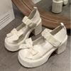 Damskie Buty Mary Jane Okrągły Nosek Platforma Grube Obcasy Styl Brytyjski Kokardki Eleganckie Grube Obcasy Damskie Buty Ślubne Wsuwane Mokasyny