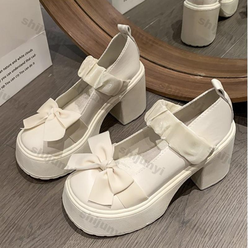 Damskie Buty Mary Jane Okrągły Nosek Platforma Grube Obcasy Styl Brytyjski Kokardki Eleganckie Grube Obcasy Damskie Buty Ślubne Wsuwane Mokasyny