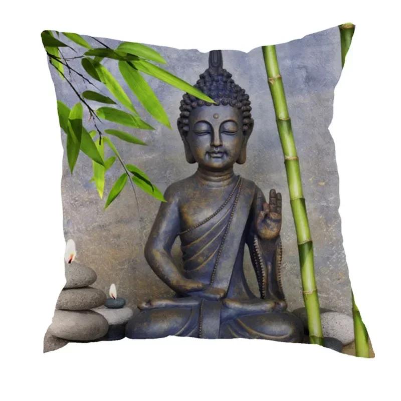 Buddha Statue Baumwolle Leinen Quadratischer Kissenbezug Chinesischer Stil Buddhismus Bodhisattva Kissenbezug Schlafzimmer Auto Heimdekor 45X45CM 16x16Inch