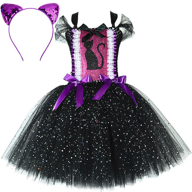 Sparkly Black Cat Tutu Dress for Baby Girls Animal Halloween Costumes with Ears Hairbow Kids Twinkle Kitty Ballet Tutus Outfit