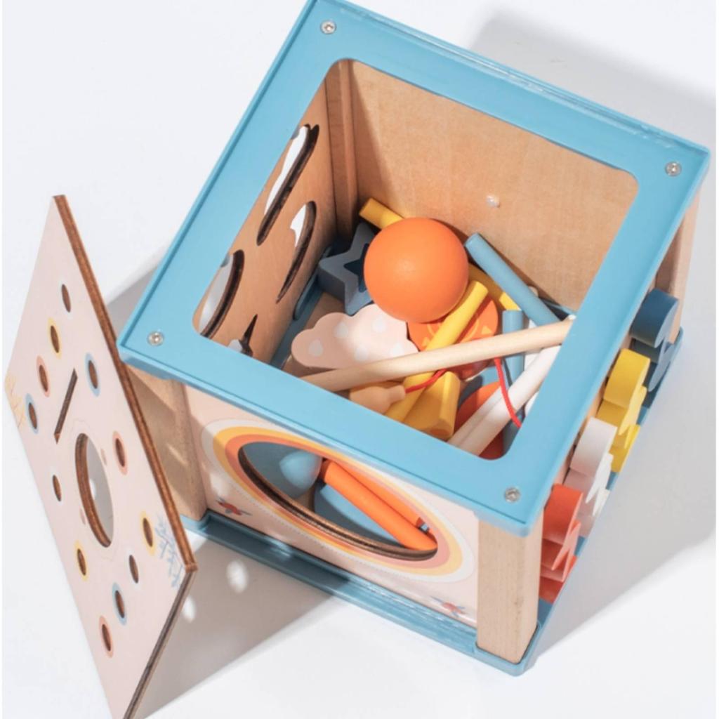 Wooden Activity Cube with Shape Sorter FineMotor Educational Center Early Learning