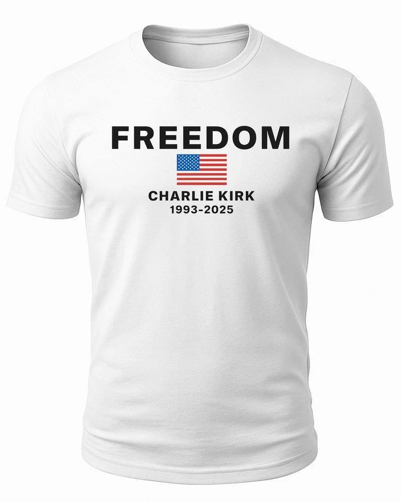 Charlie Kirk Freedom USA American Flag Patriotic White T Shirt S