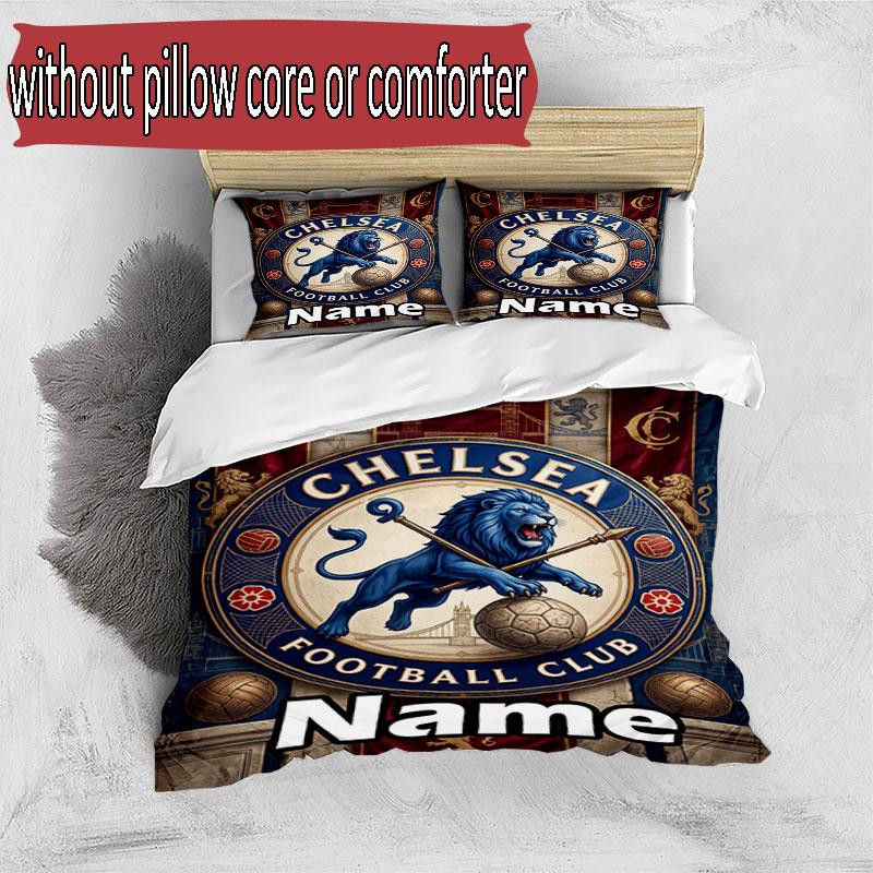 3pcs Duvet Cover Set (1*Duvet Cover + 2*Pillowcase, Without Core), Custom Name Chelsea Football Club Pattern Bedding Set, Home Bedroom Decor Gift