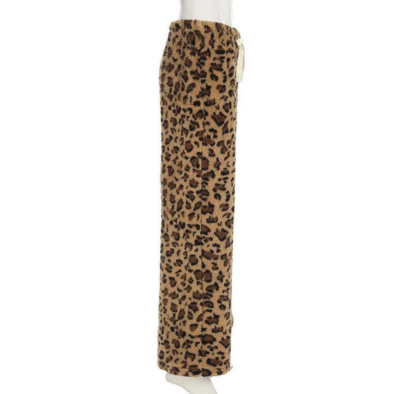 Women's Drawstring Tie Loose Personalised Leopard Print Plush Casual Elastic Low Waist Skinny Niche Straight Leg Pants