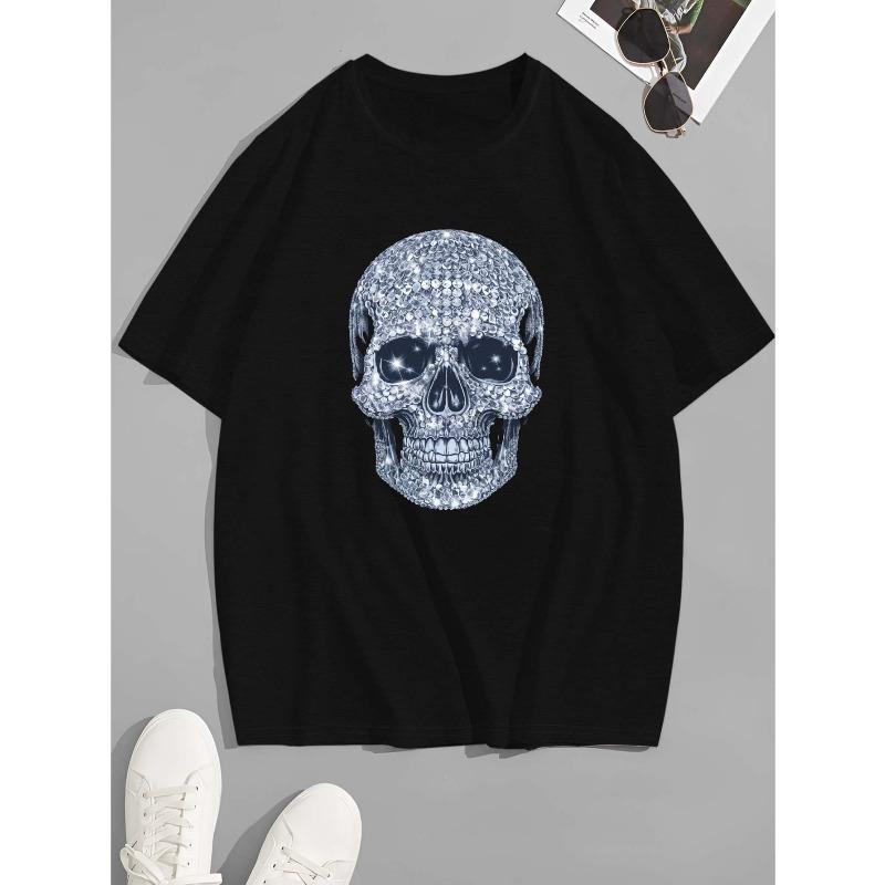 European Sizes Men S Size Casual T-Shirt with Diamond Encrusted Skull Print S
