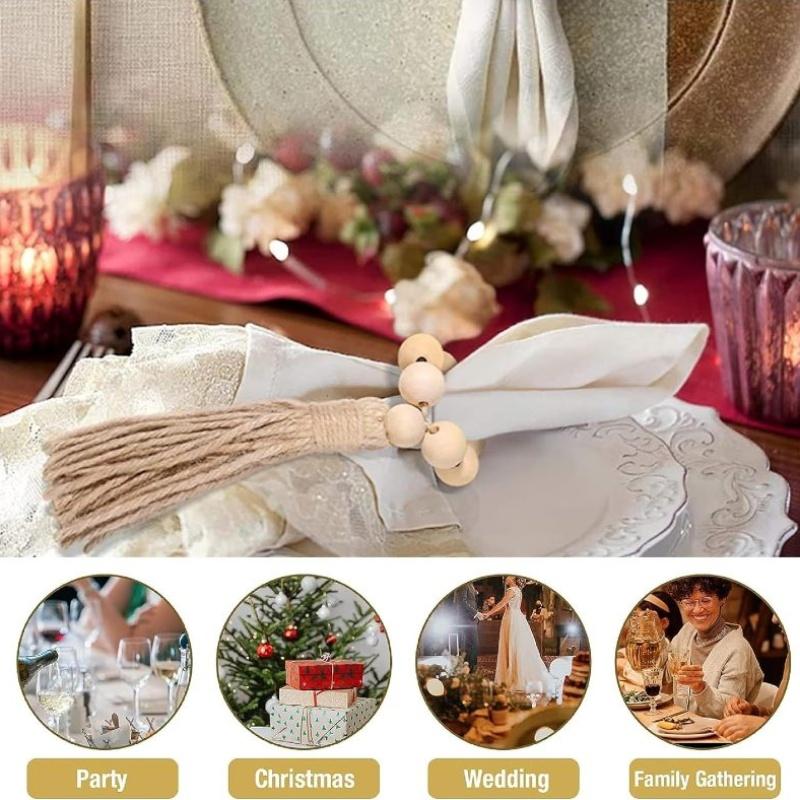 4Pcs Wood Bead Jute Tassel Napkin Ring, Natural Country Style Table Decoration Wedding, Family Farmhouse Style Napkin Clip