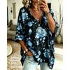 Women's Printed V-neck Short-sleeved, Casual Loose-fitting Dropped Shoulder Mid-sleeve T-shirt, Large Size