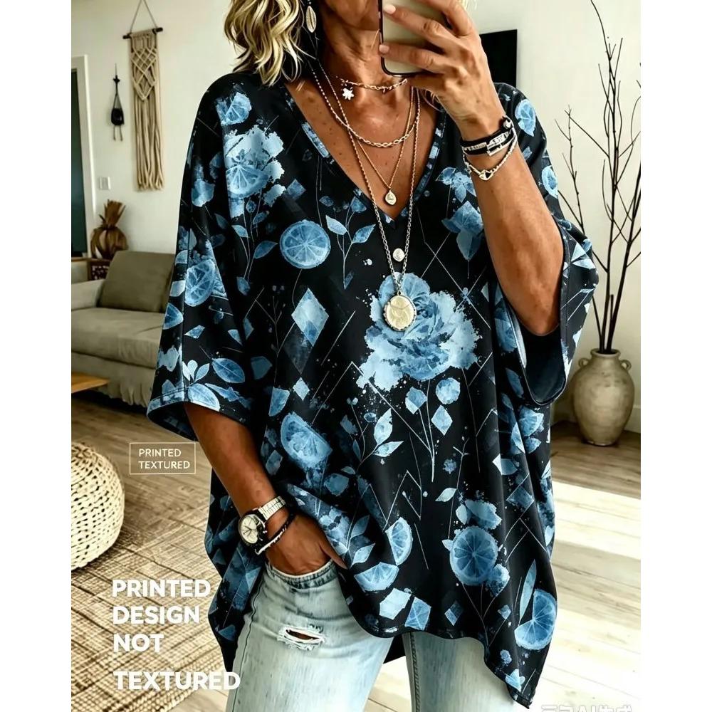 Women's Printed V-neck Short-sleeved, Casual Loose-fitting Dropped Shoulder Mid-sleeve T-shirt, Large Size