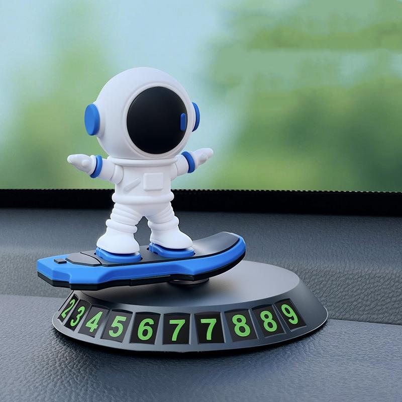 Creative Rotating Astronaut Skateboard Car Ornament Car Temporary Parking Number Auto Dashboard Plate Interior Accessories