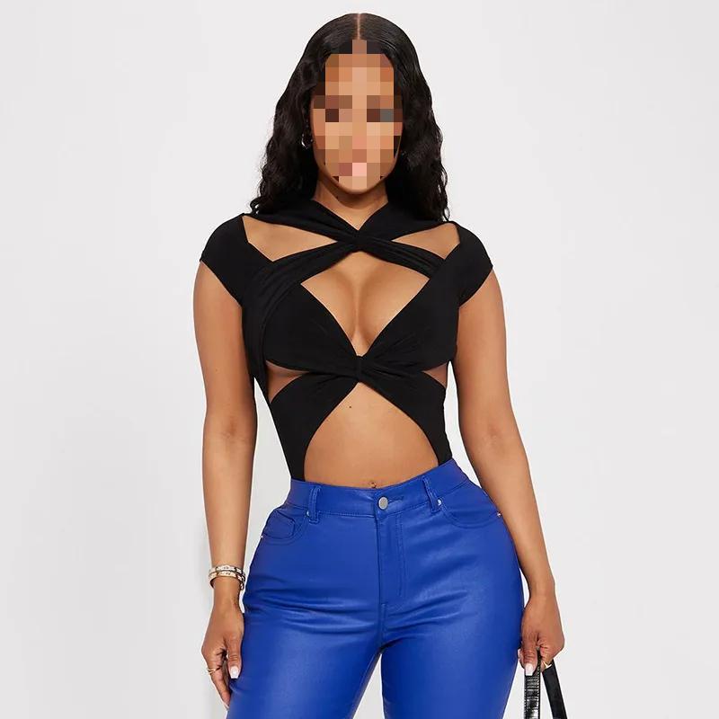 European and American Summer Hot Girl Sexy Cross Folding Solid Color Crop Top Jumpsuit