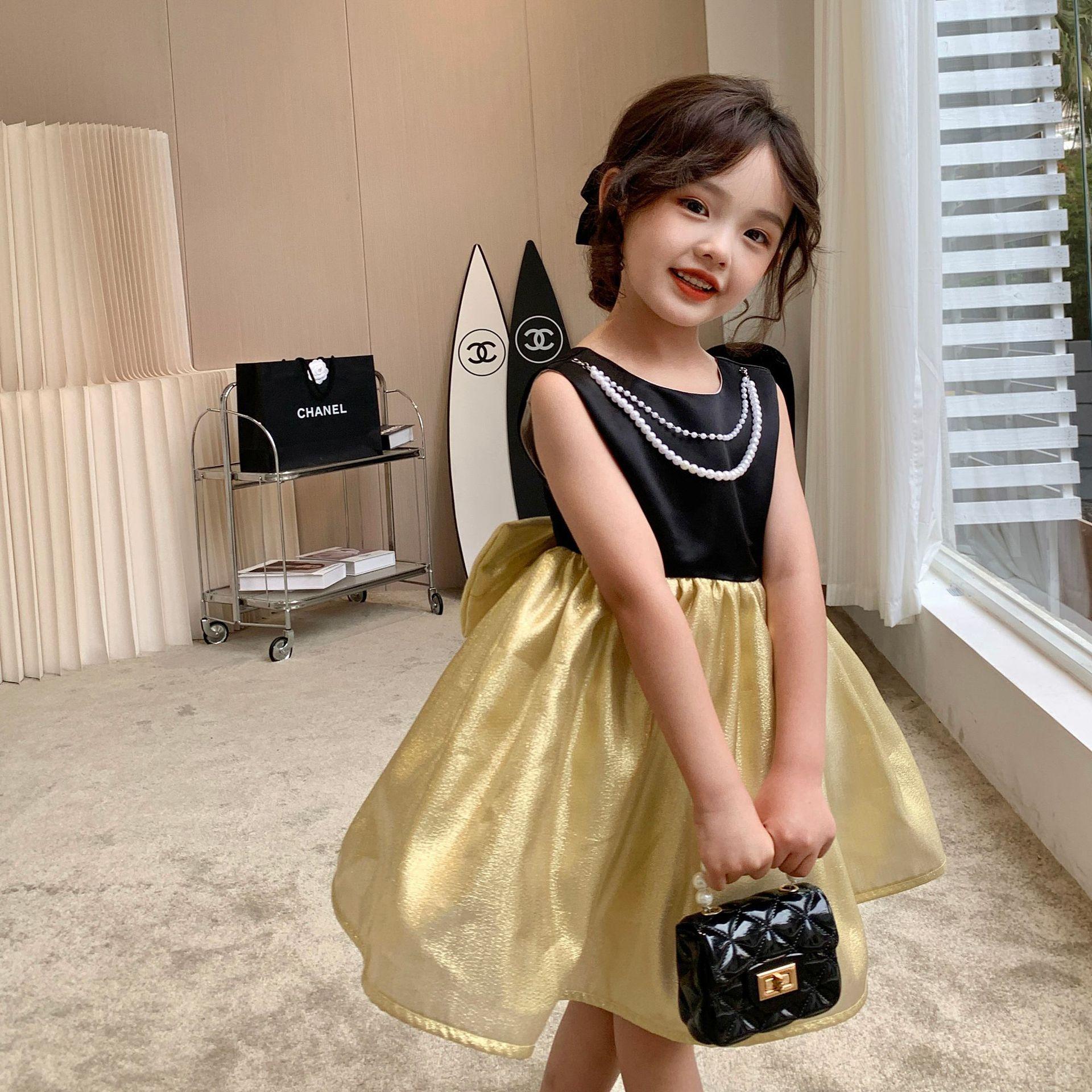 

Лето 2023 года, вечернее платье черного и золотого цвета для девочек, детская одежда принцессы с галстуком-бабочкой, платье для выступлений с открытой спиной, жилет с бисером, платья 6T золотой