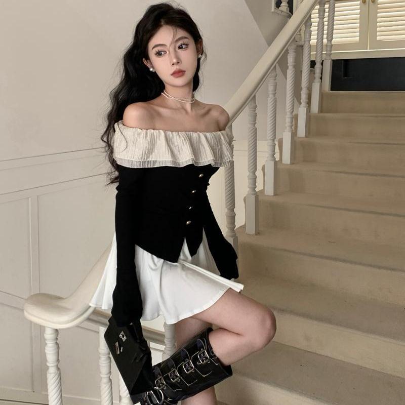 2KWEIRD Y2k Sexy T Shirt Women French Style Elegant Fashion Off Shoulder Crop Top Female Flare Sleeve Slash Neck Ruffle Slim Tees