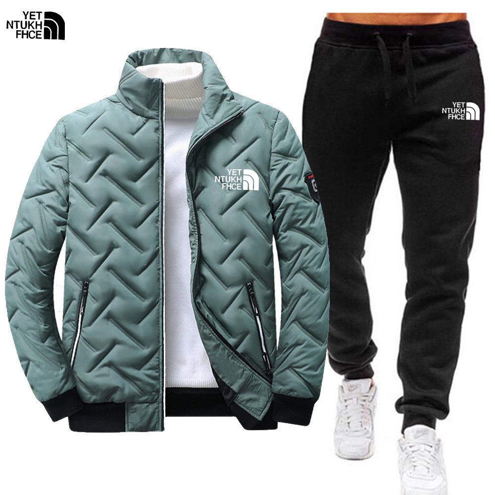 Men's Cross-Border Winter Warm Cotton-Padded Stand-Up Collar Jacket and Trousers Two-Piece Set