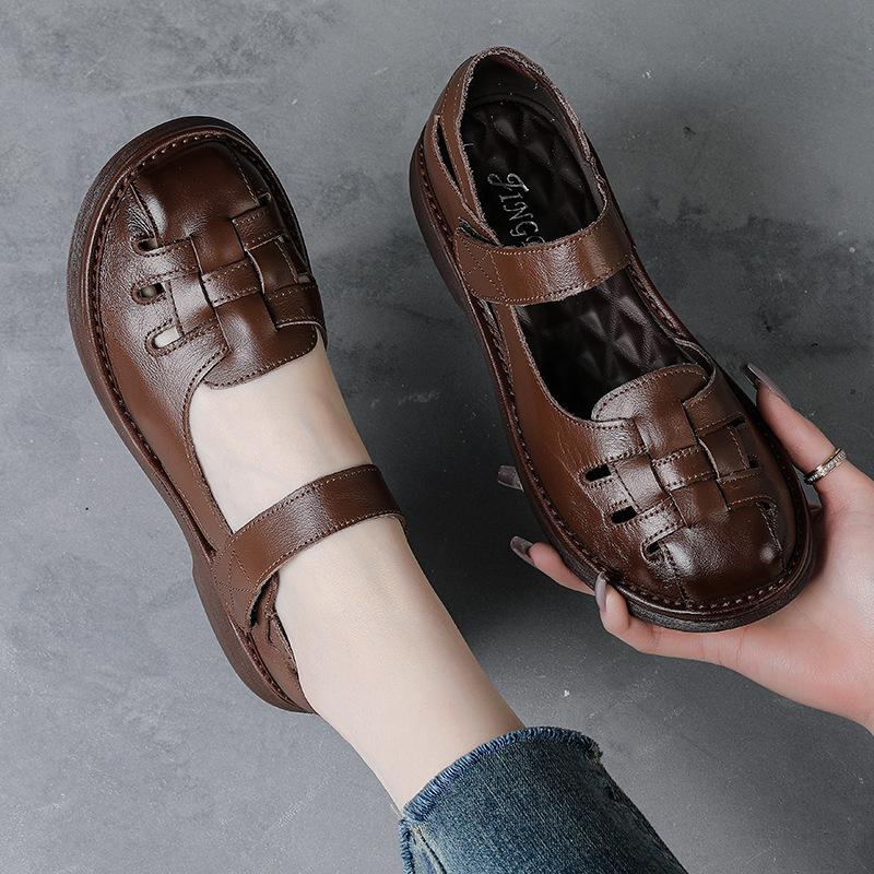 Echtes Leder Sommer neue dicke Sohle dicke Ferse Sandalen Retro Damenschuhe weiche Sohle atmungsaktiv und rutschfest erste Schicht Rindsleder Mutter Schuhe