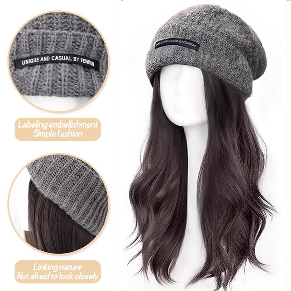 WTB Hat Wig Integrated Synthetic Wig Women Fashion Autumn And Winter Gray Warm Wool Knitted Hat Long Curly Wig Hat