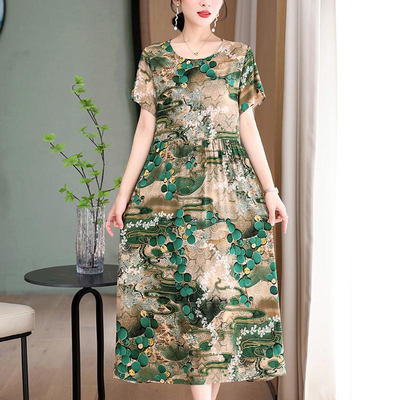 Elegant Long Dresses Women Summer Casual Short Sleeve Vintage Dress Korean Style O-Neck Female Clothing