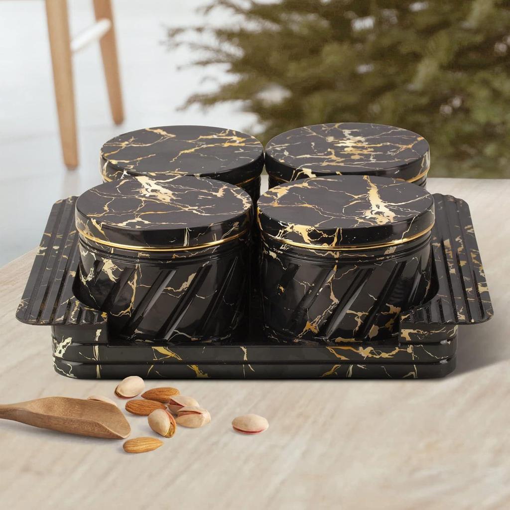Air Tight Dry Fruit Container Tray Set with Lid & Serving Tray, Airtight Container Set 430ml (4 Pieces, Polypropylene) (Black)