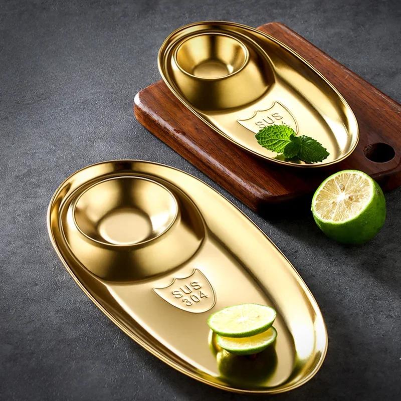 304 Nerezový talíř na svačinu, hranolky, oválný talíř, domácí kreativní jednoduchý dip, západní jídlo, knedlíky, kořenící disk