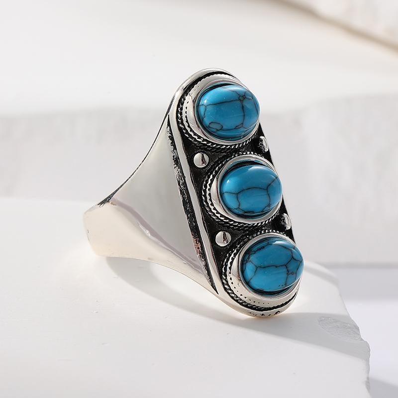 Ethnic CopperColor Inlaid Imitation Turquoise Women's Ring Geometry Daily Wear Party Jewelry