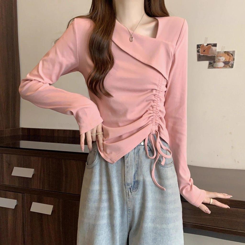 Women's Plus Size Irregular Drawstring Long Sleeve T-Shirt - Slimming Autumn 2025 Base Layer Design