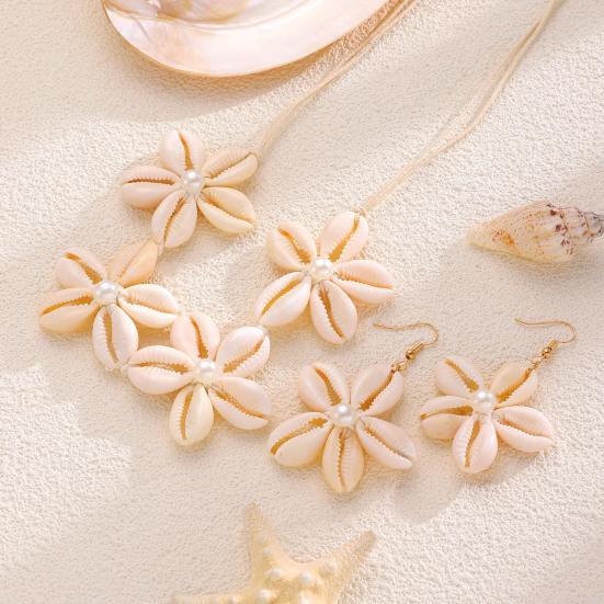 Natural Seashell Flower Jewelry Set Handmade Shell Necklace Earrings with Faux Pearl Accents Beach Vacation Casual Gift for Coastal Lovers