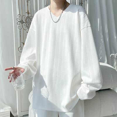 Spring Autumn Men's Loose T-Shirts Solid Color Long Sleeve V-Neck Casual Tshirt Men Fashion Streetwear Tees Tops Plus Size 5XL