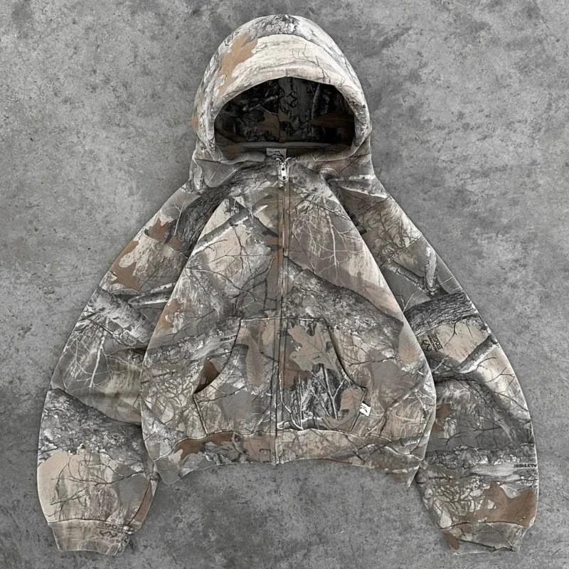 Y2K Retro Zip Up Hoodie Men Camouflage Pattern Zipper Sweatshirt High Street Hip Hop Streetwear Oversized Unisex Camo Hoodie