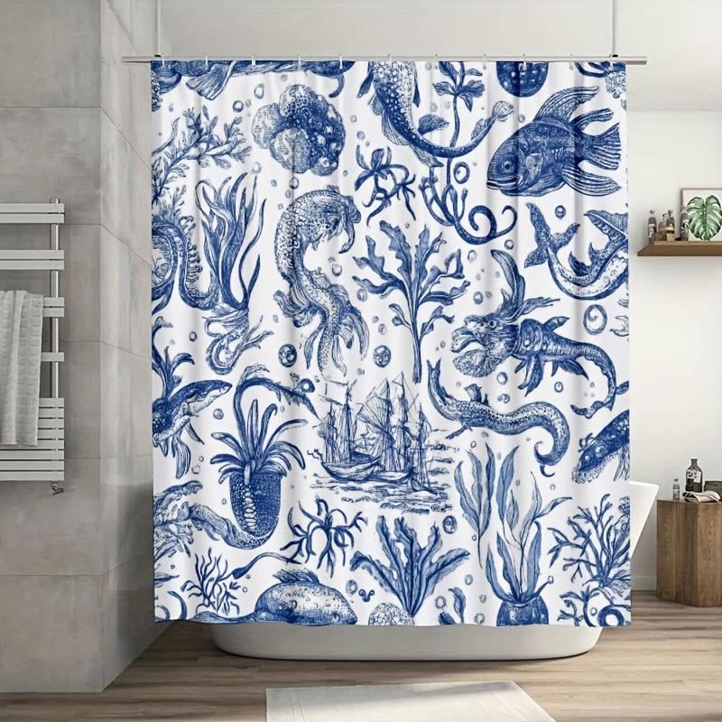 

Waterproof Blue Ink Shower Curtain-Oceanic Design with Coral Reefs & Marine Life,Durable Polyester|Easy Clean for Bathroom Decor 90X180cm