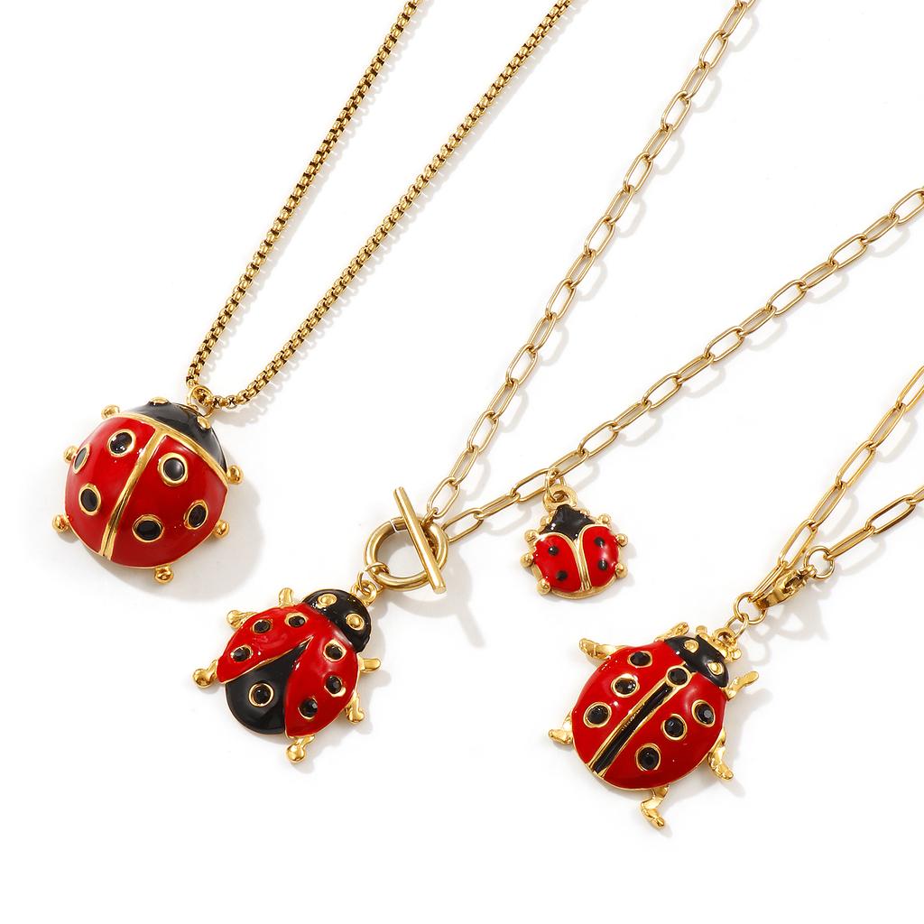 304 Stainless Steel Red Ladybug Animal Pendant Charm Necklace 18K Gold Plated Chain For Women Insect Natural Pastoral Gift