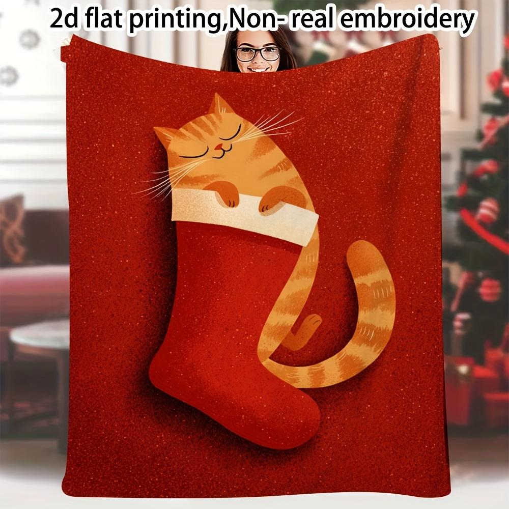 

Extra Large 60 x80 Cozy Cat Christmas Stocking Blanket - Super Soft Plush All-Season Bedspread with Cute White Kitten & Stockin 75x90cm28x35in