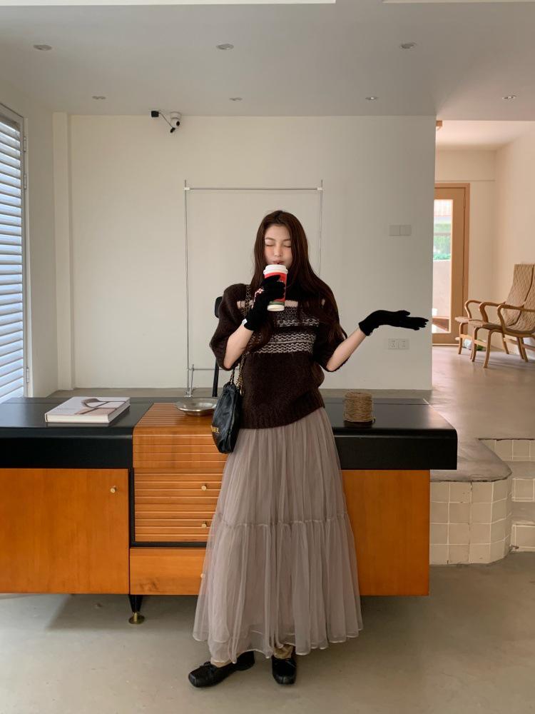 In-Stock Korean Style Retro Grey-Pink Multi-Layer Gauze Skirt