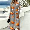 Women's Casual Halloween Print Long Sleeve V-Neck Dress with Pockets