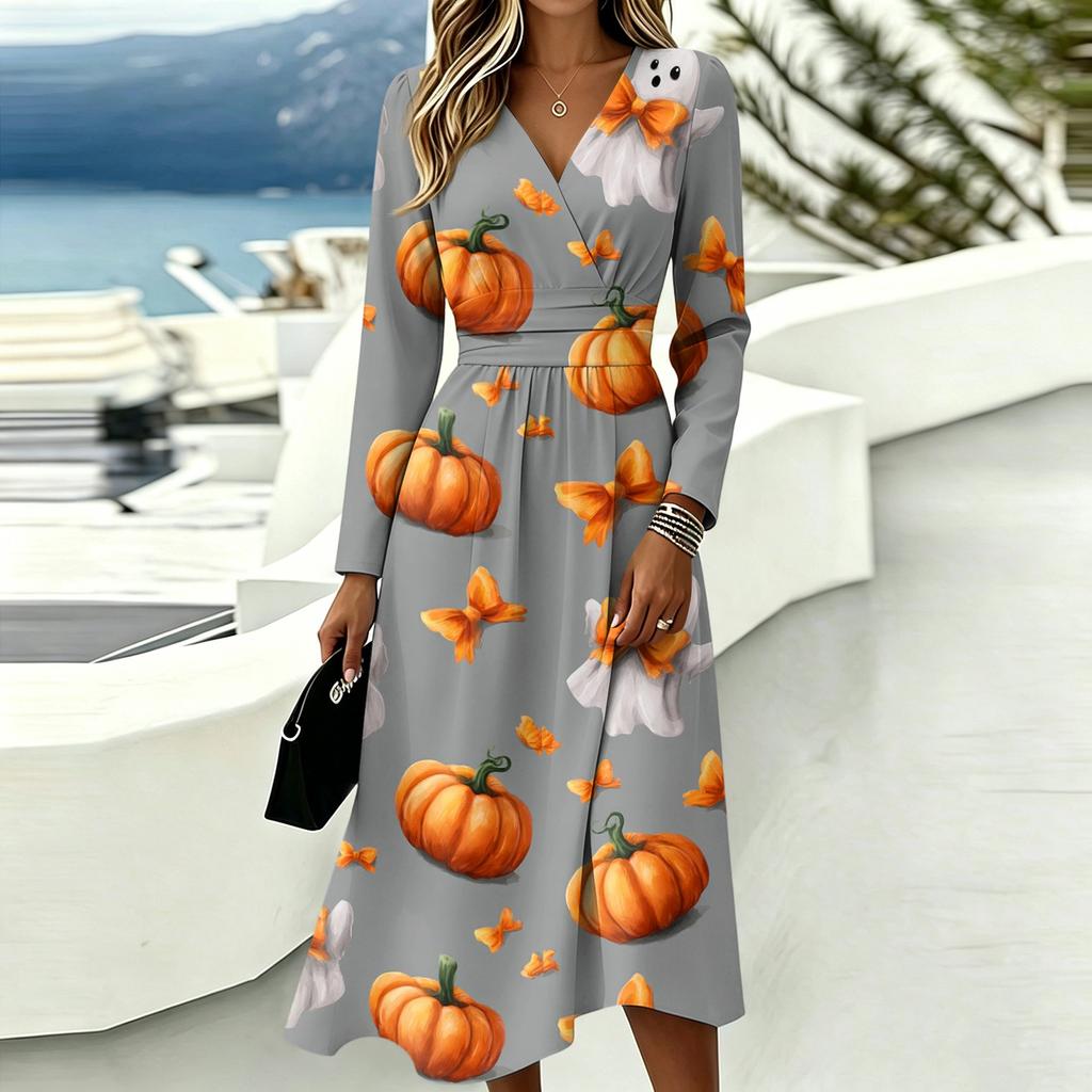 Women's Casual Halloween Print Long Sleeve V-Neck Dress with Pockets