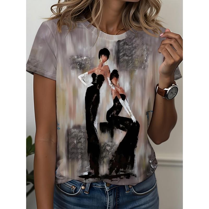 Womens Slim Fit Short Sleeve T-Shirt With 3D Cartoon Animal Print Digital Printing Casual Top