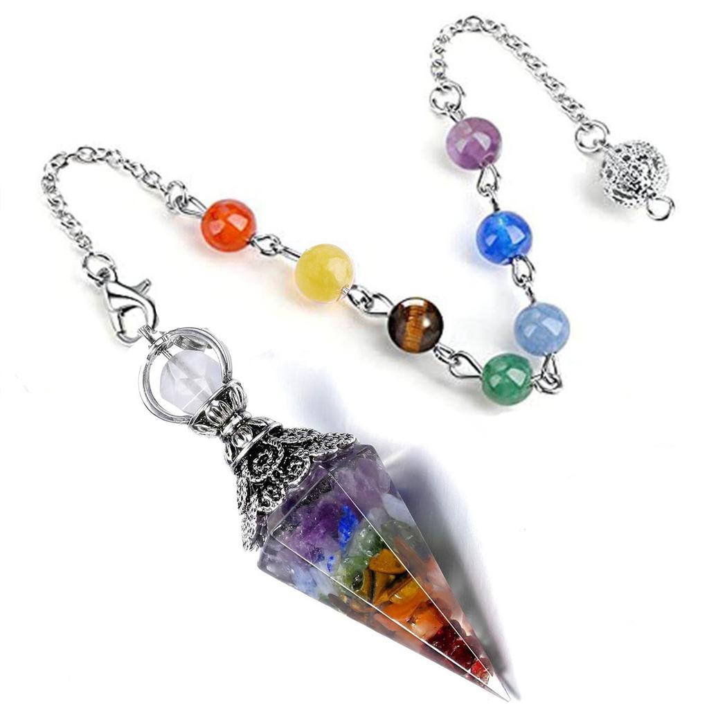 Healing Crystal Pendulums for Dowsing Divination Hexagonal Pointed Cone Resin Chip Reiki Wicca Spritual Chakra Energy Pendant with Chain