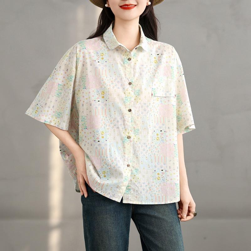 2025 Summer New Mori Retro Printed Short-sleeved Shirt Women's Loose Small Fresh Lapel Casual Cardigan Top