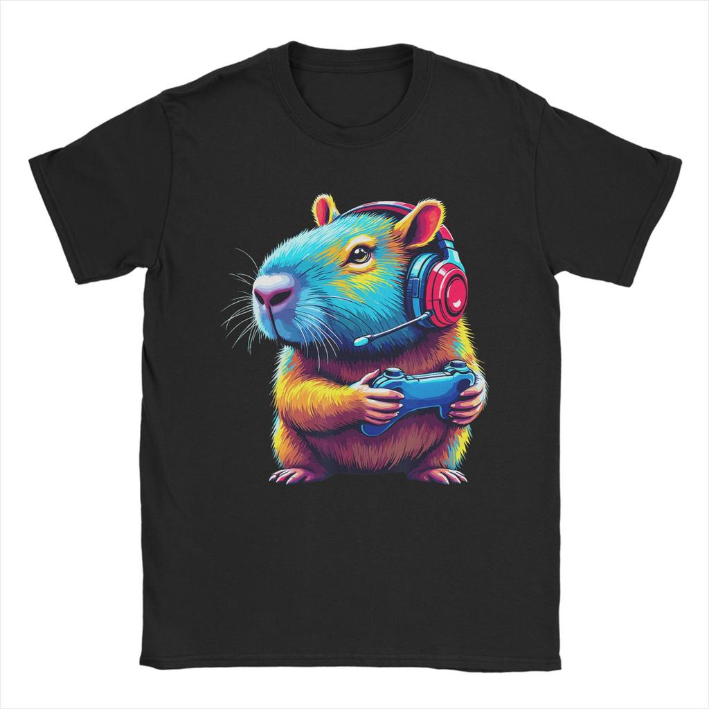Capybara Gaming Video Game Colorful Capybara Gamer T Shirt Summer  Trending T Shirts Men Pure Cotton O Neck Plus Size Tees