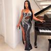 European & American Rhinestone Bodycon Spaghetti Strap Slit Dress for Nightclubs