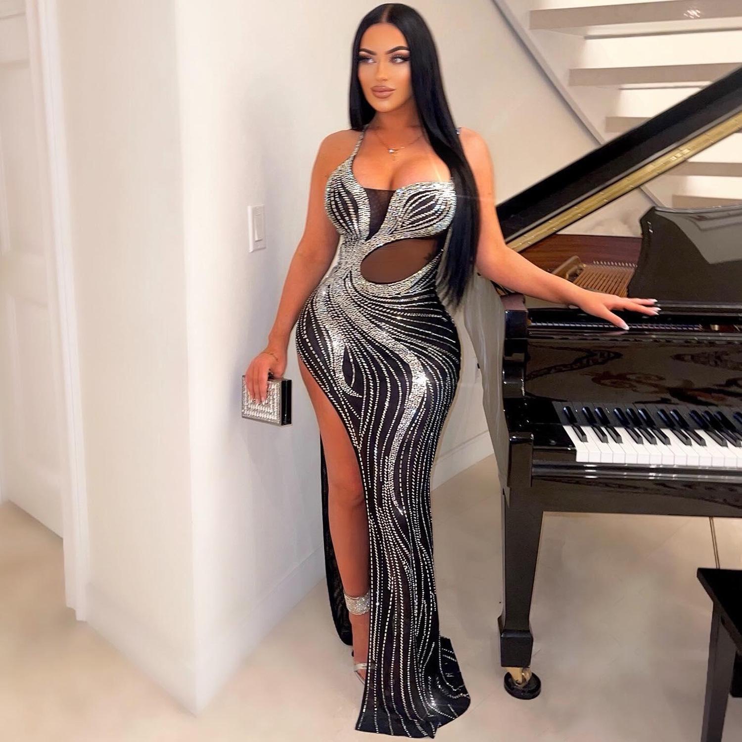 

Европейское и американское облегающее платье на бретелях-спагетти с разрезом и стразами для ночных клубов XL